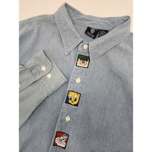 VTG 90's Warner Bros Shirt Men's XL Blue Long Sleeve Denim Chambray Looney Tunes